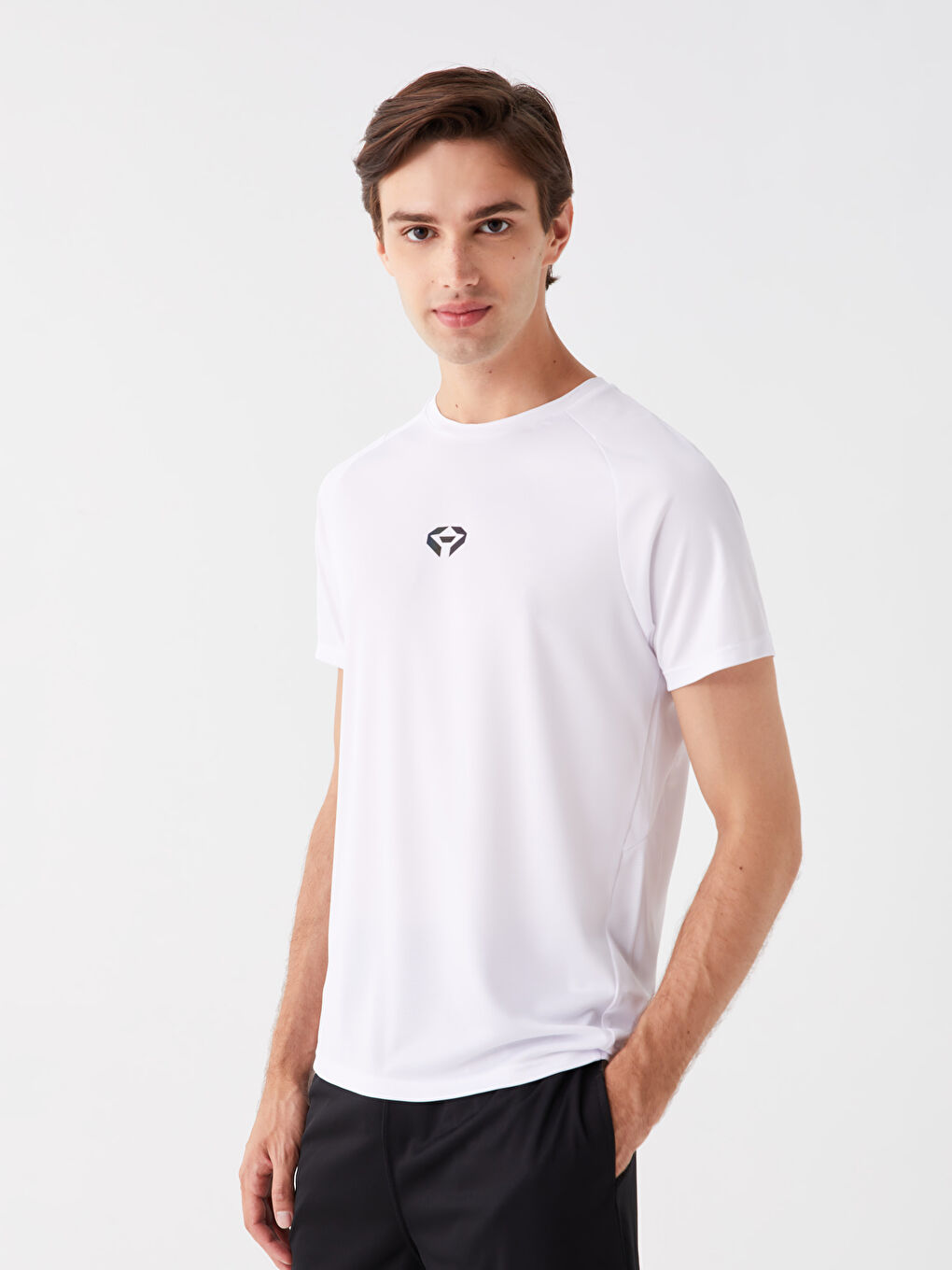 Beyaz Bisiklet Yaka Kısa Kollu Baskılı Erkek Spor Tişört-1