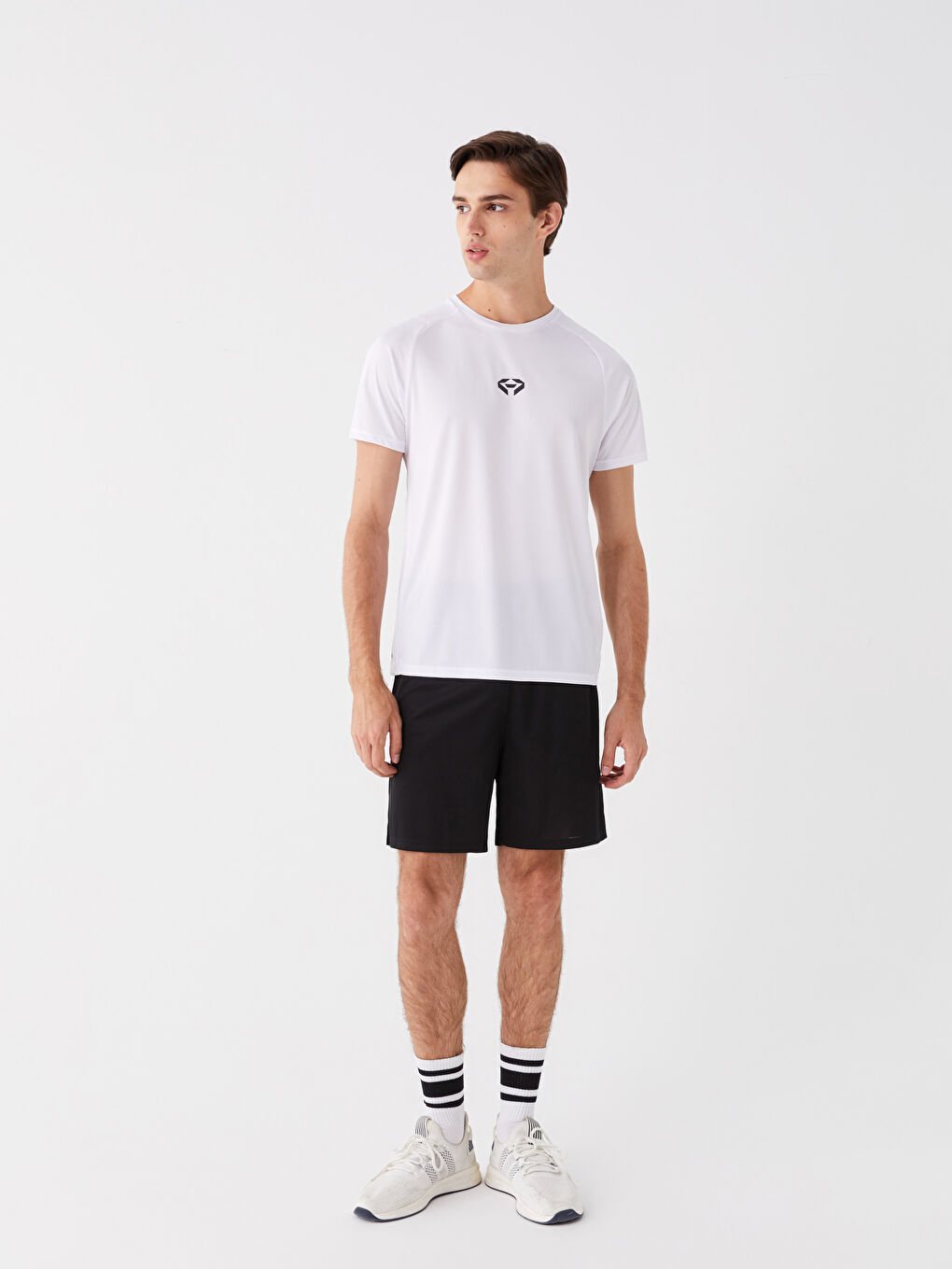 Beyaz Bisiklet Yaka Kısa Kollu Baskılı Erkek Spor Tişört-2