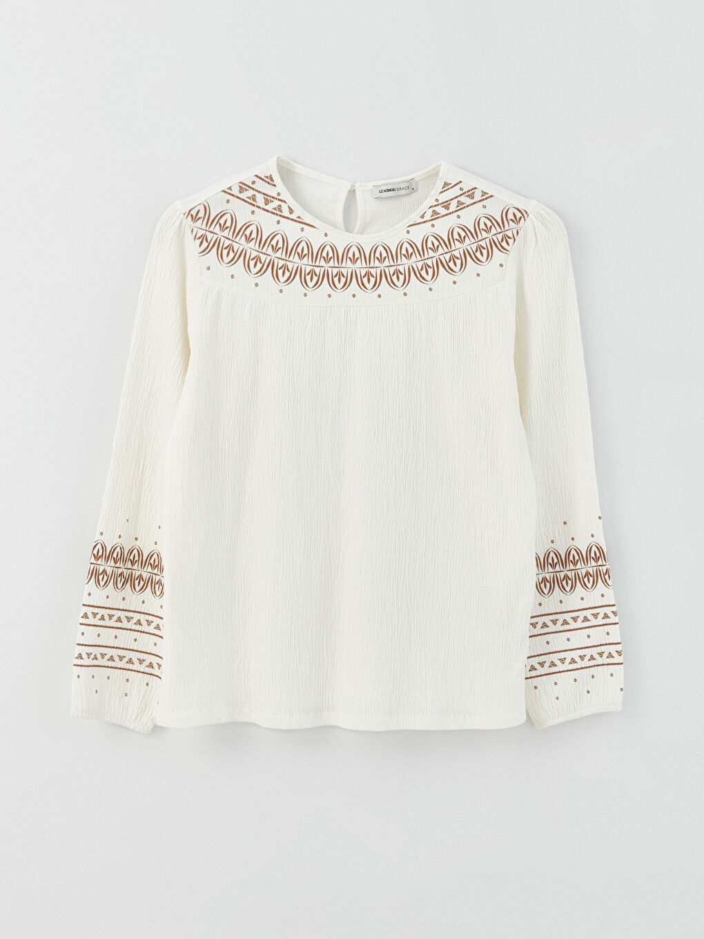 Ekru Bisiklet Yaka Desenli Uzun Kollu Kadın Bluz-5