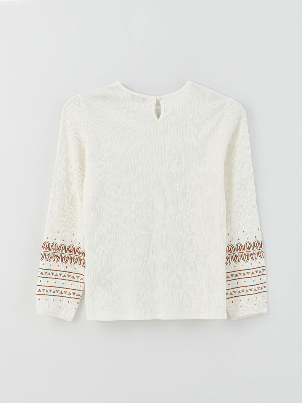 Ekru Bisiklet Yaka Desenli Uzun Kollu Kadın Bluz-6