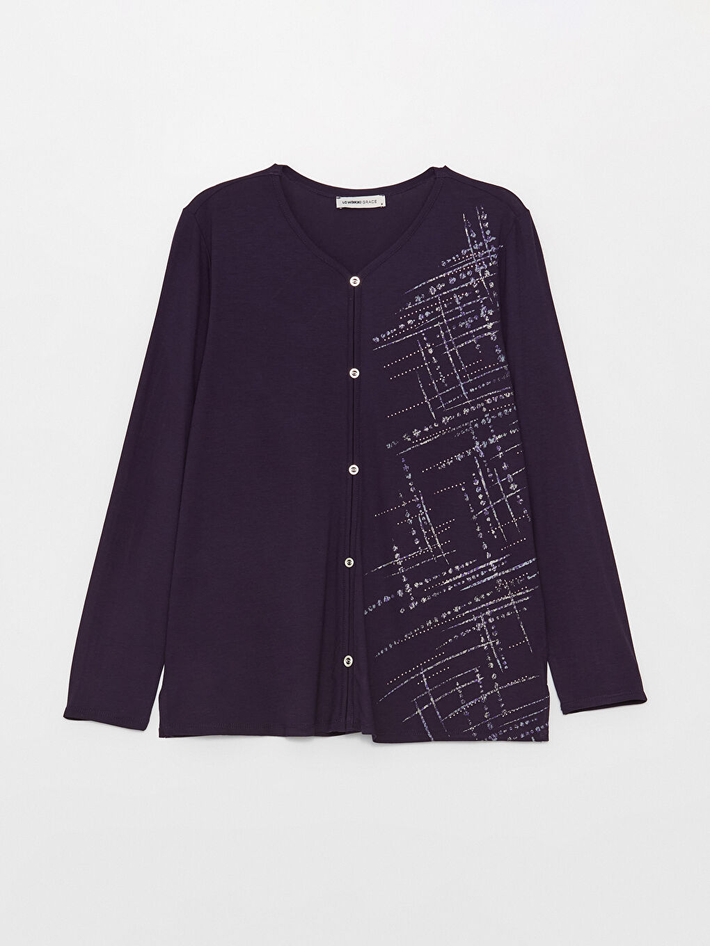 Mürdüm V Yaka Desenli Uzun Kollu Kadın Bluz-5