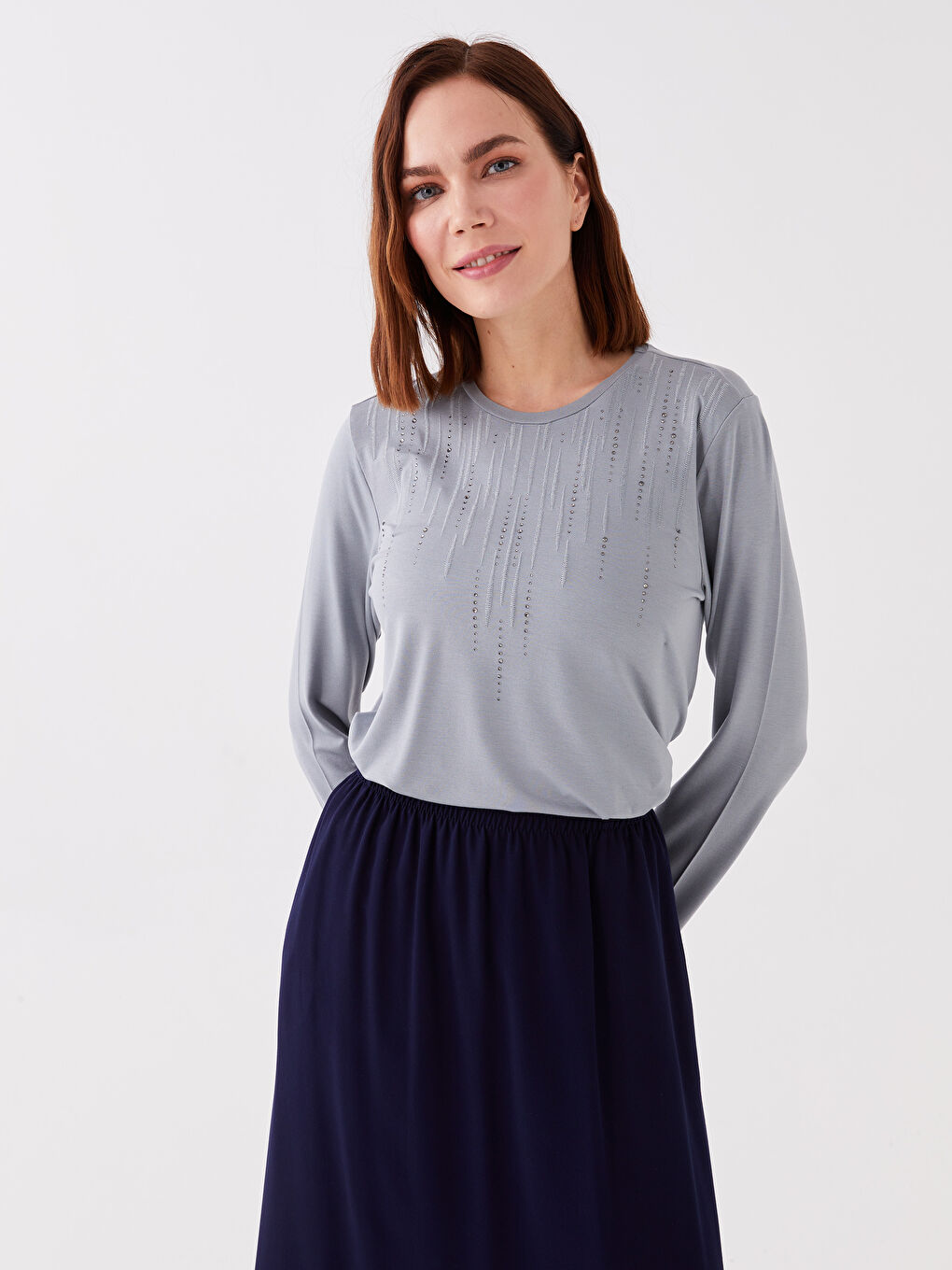 LCW Grace Crew Neck Rhinestone Embellished Long Sleeve Women's Blouse -S3JD04Z8-V8T