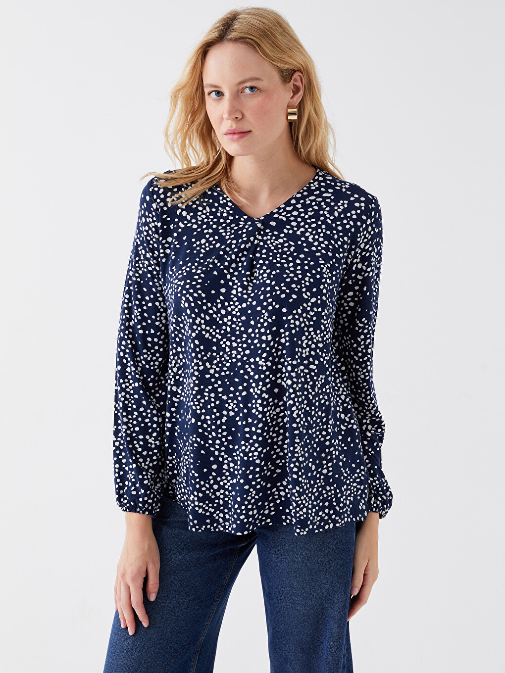 V-Neck Patterned Long Sleeve Women's Blouse-1