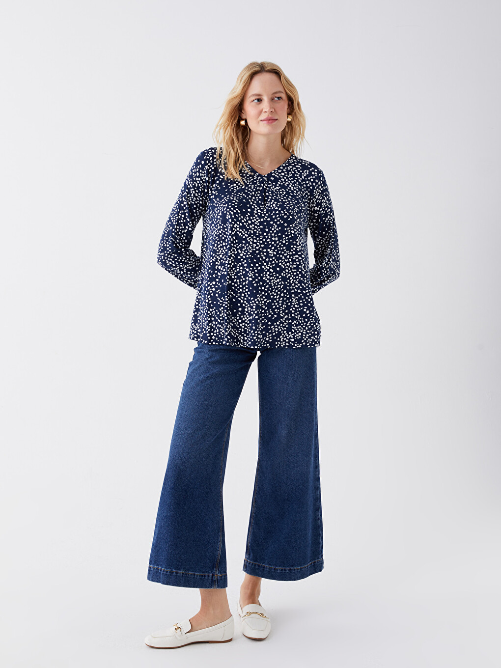 V-Neck Patterned Long Sleeve Women's Blouse-2