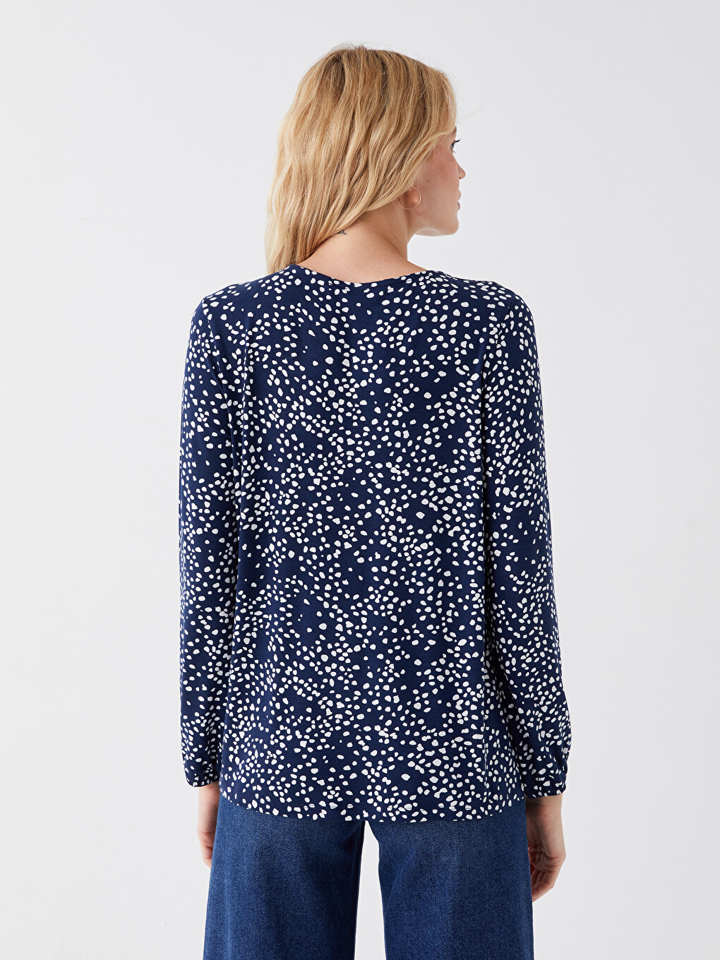 V-Neck Patterned Long Sleeve Women's Blouse-4