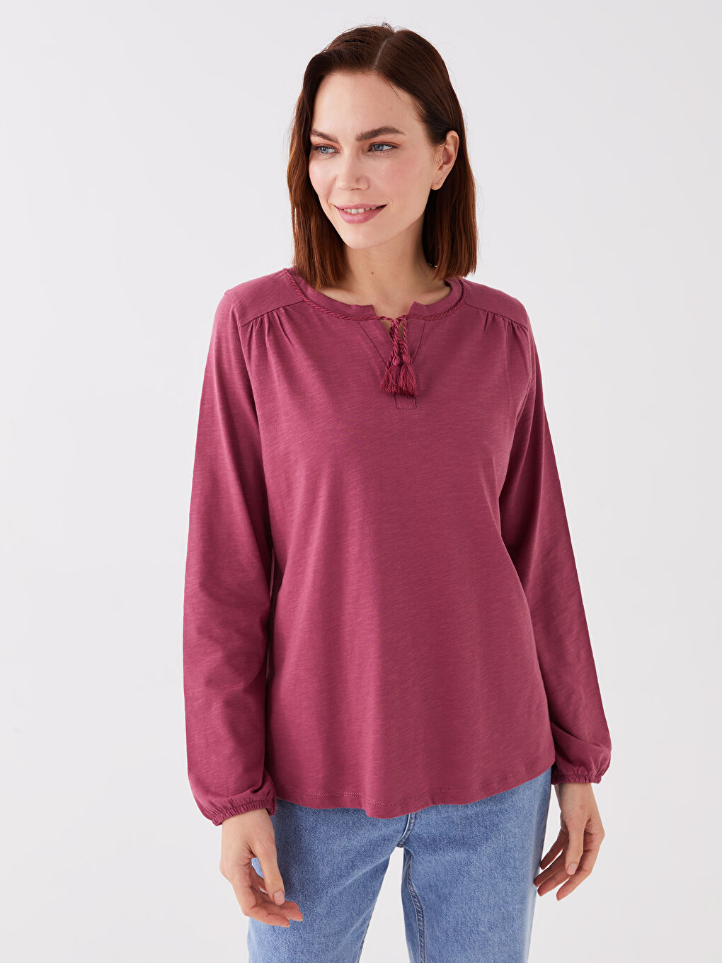 Pembe Bağlamalı Yaka Düz Uzun Kollu Kadın Bluz