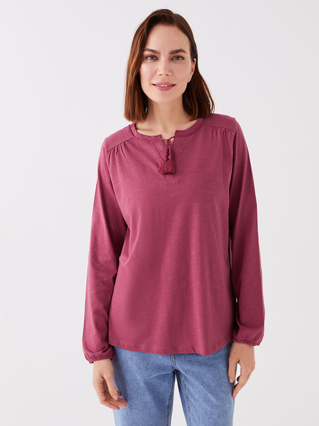 Pembe Bağlamalı Yaka Düz Uzun Kollu Kadın Bluz-1