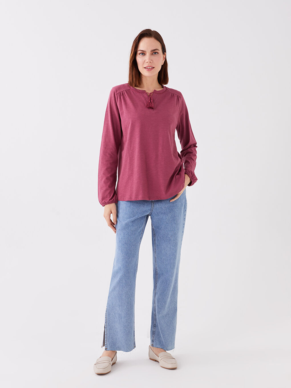 Pembe Bağlamalı Yaka Düz Uzun Kollu Kadın Bluz-2