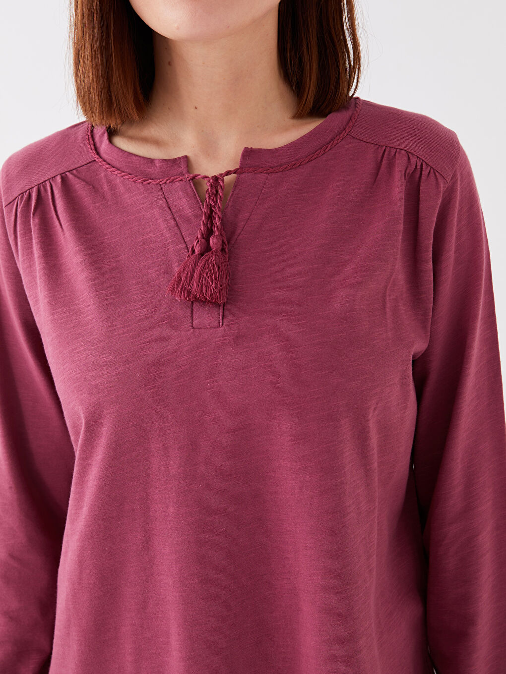 Pembe Bağlamalı Yaka Düz Uzun Kollu Kadın Bluz-3