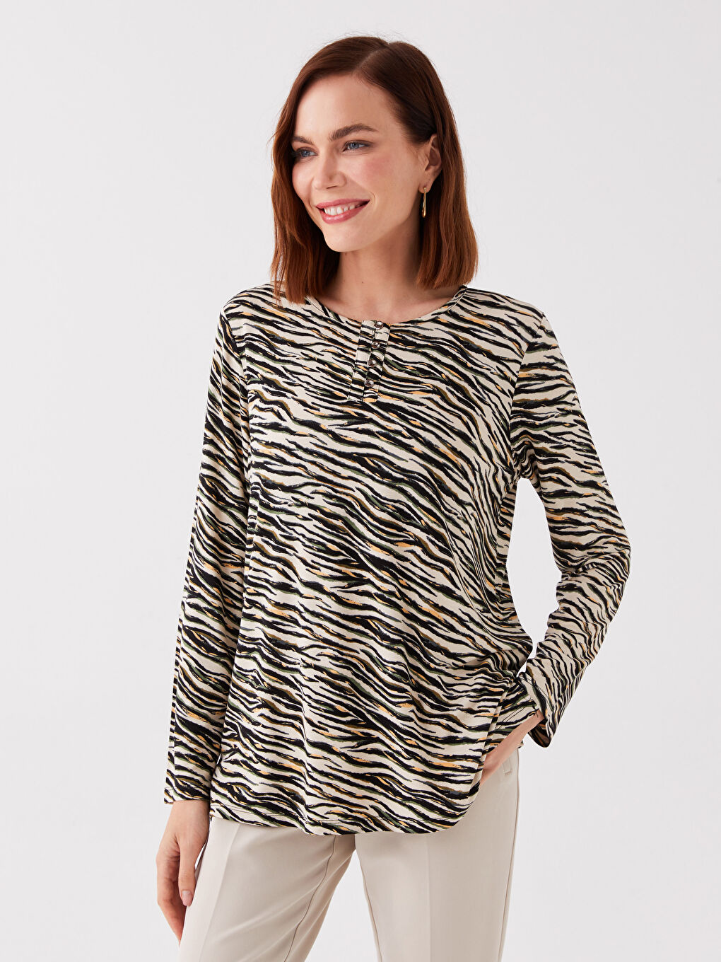 Crew Neck Patterned Long Sleeve Women's Blouse
