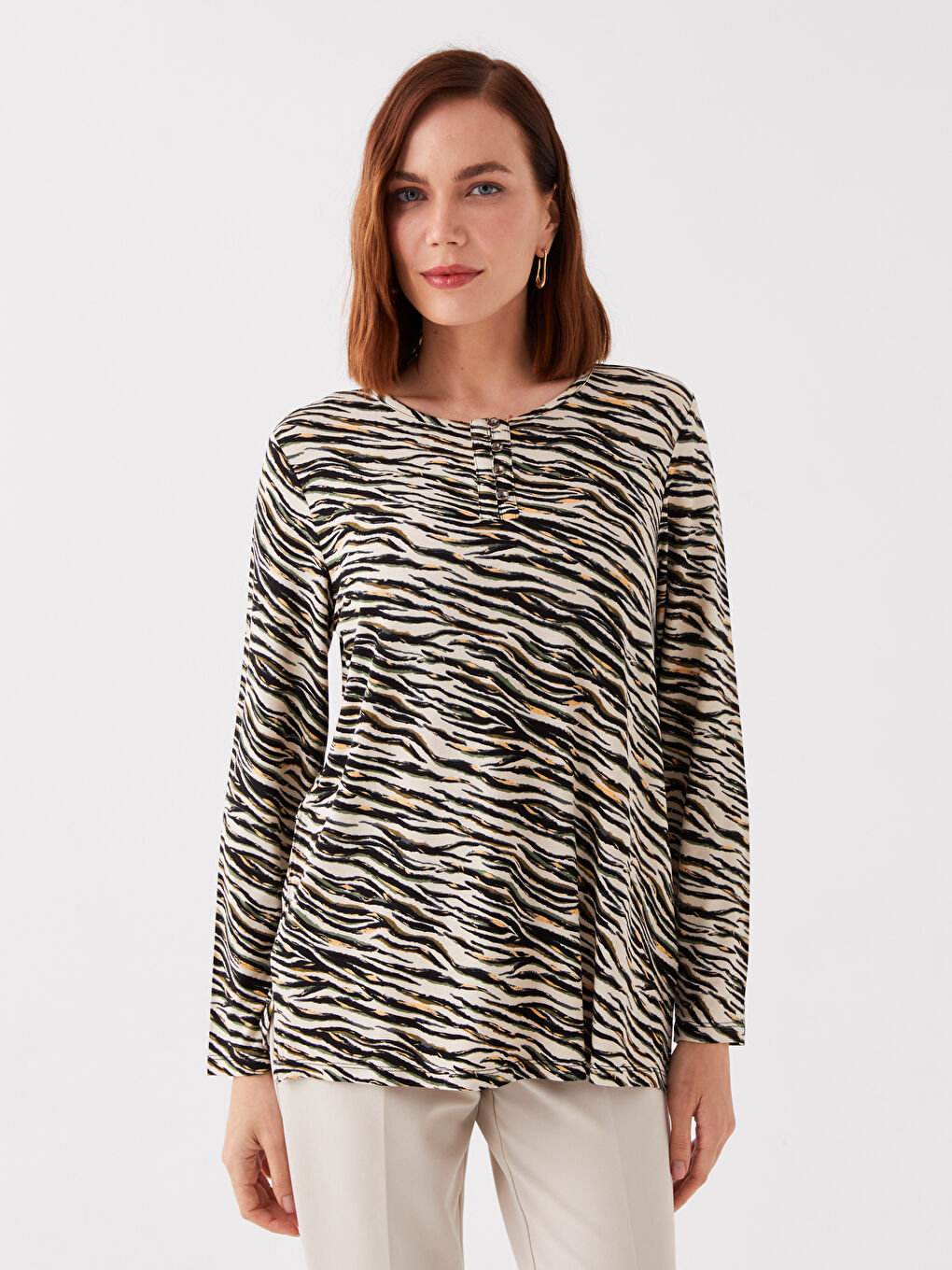 Crew Neck Patterned Long Sleeve Women's Blouse-1