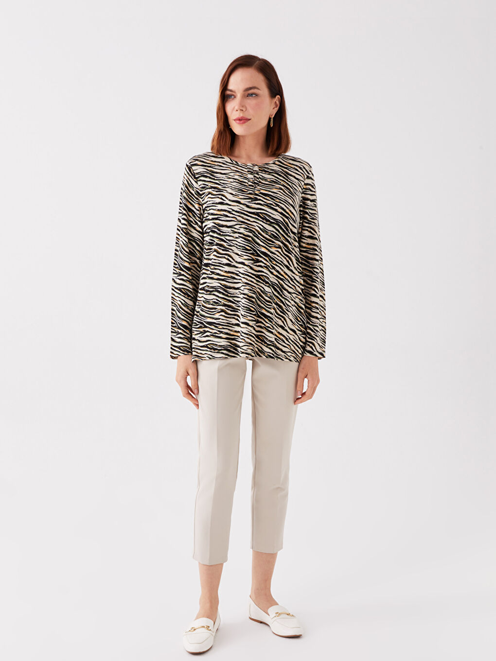 Crew Neck Patterned Long Sleeve Women's Blouse-2