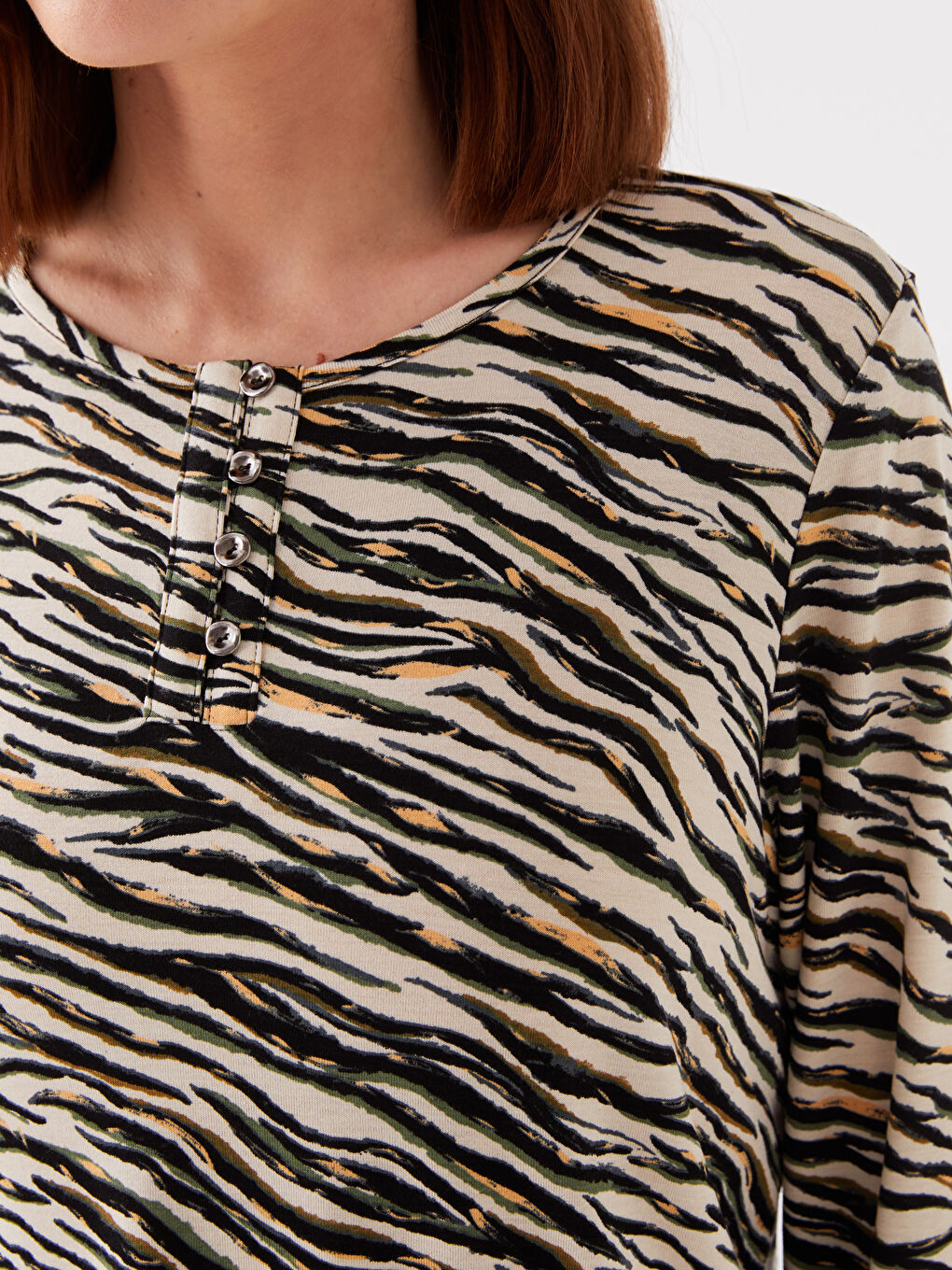 Crew Neck Patterned Long Sleeve Women's Blouse-3