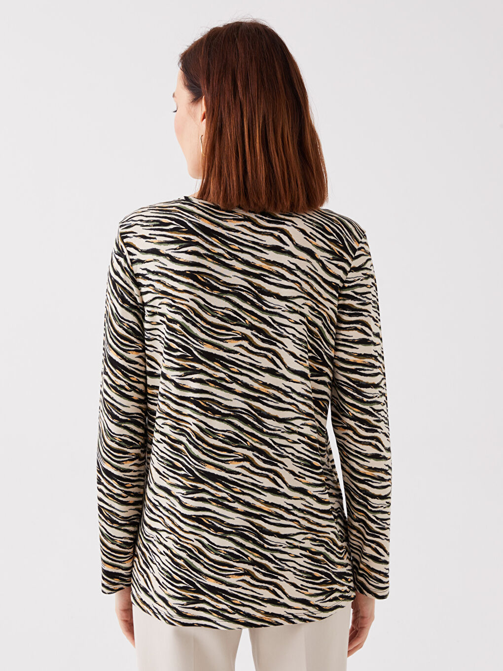 Crew Neck Patterned Long Sleeve Women's Blouse-4