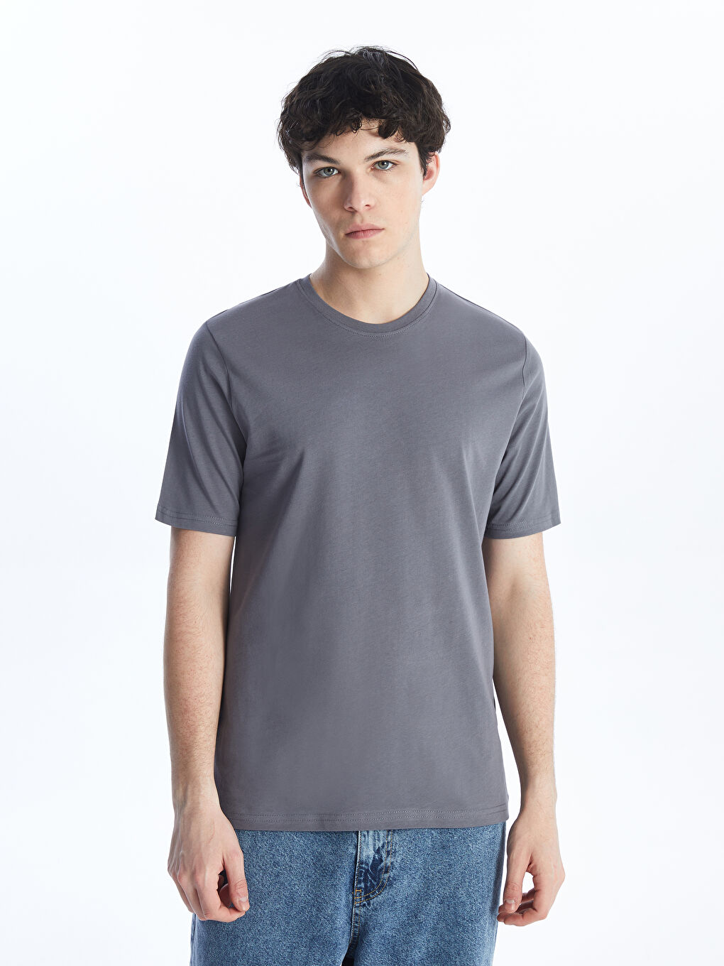 Gri Bisiklet Yaka Penye Erkek Tişört-1