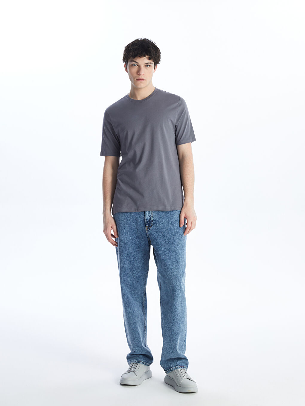 Gri Bisiklet Yaka Penye Erkek Tişört-2