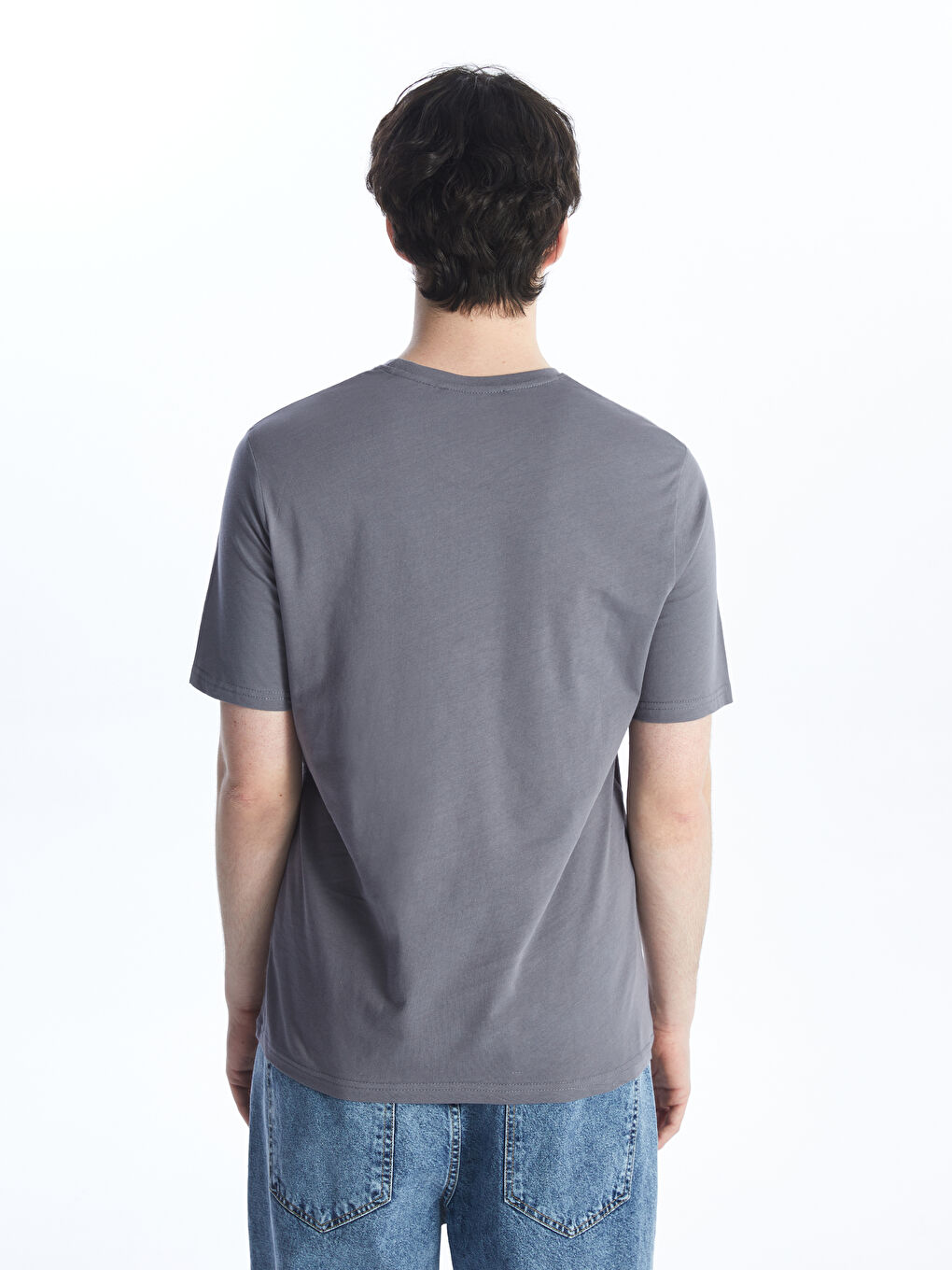 Gri Bisiklet Yaka Penye Erkek Tişört-4