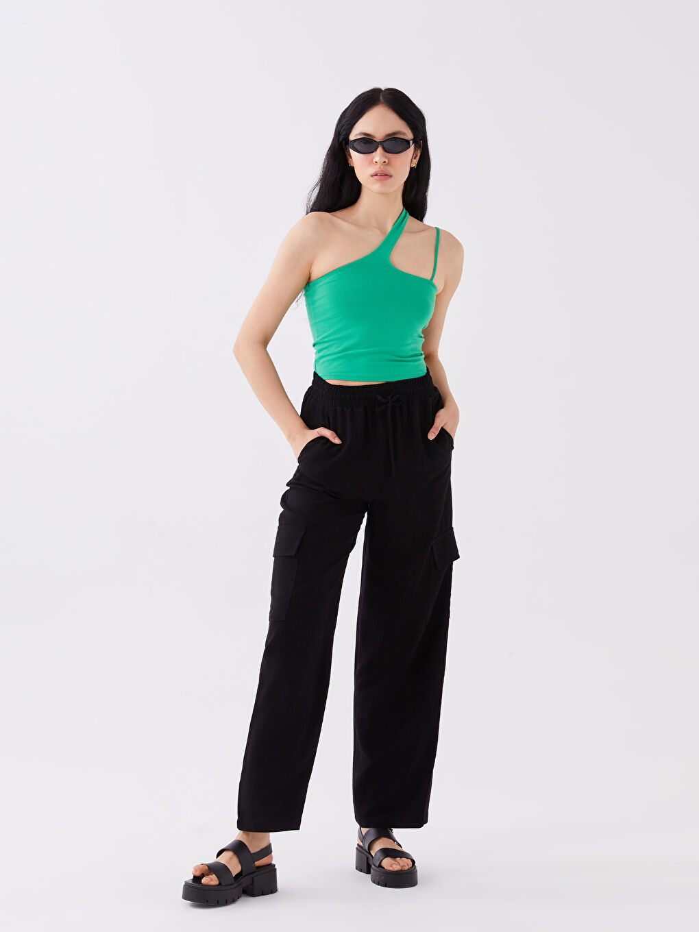 Elasticated Waist Plain Linen Blend Women's Trousers