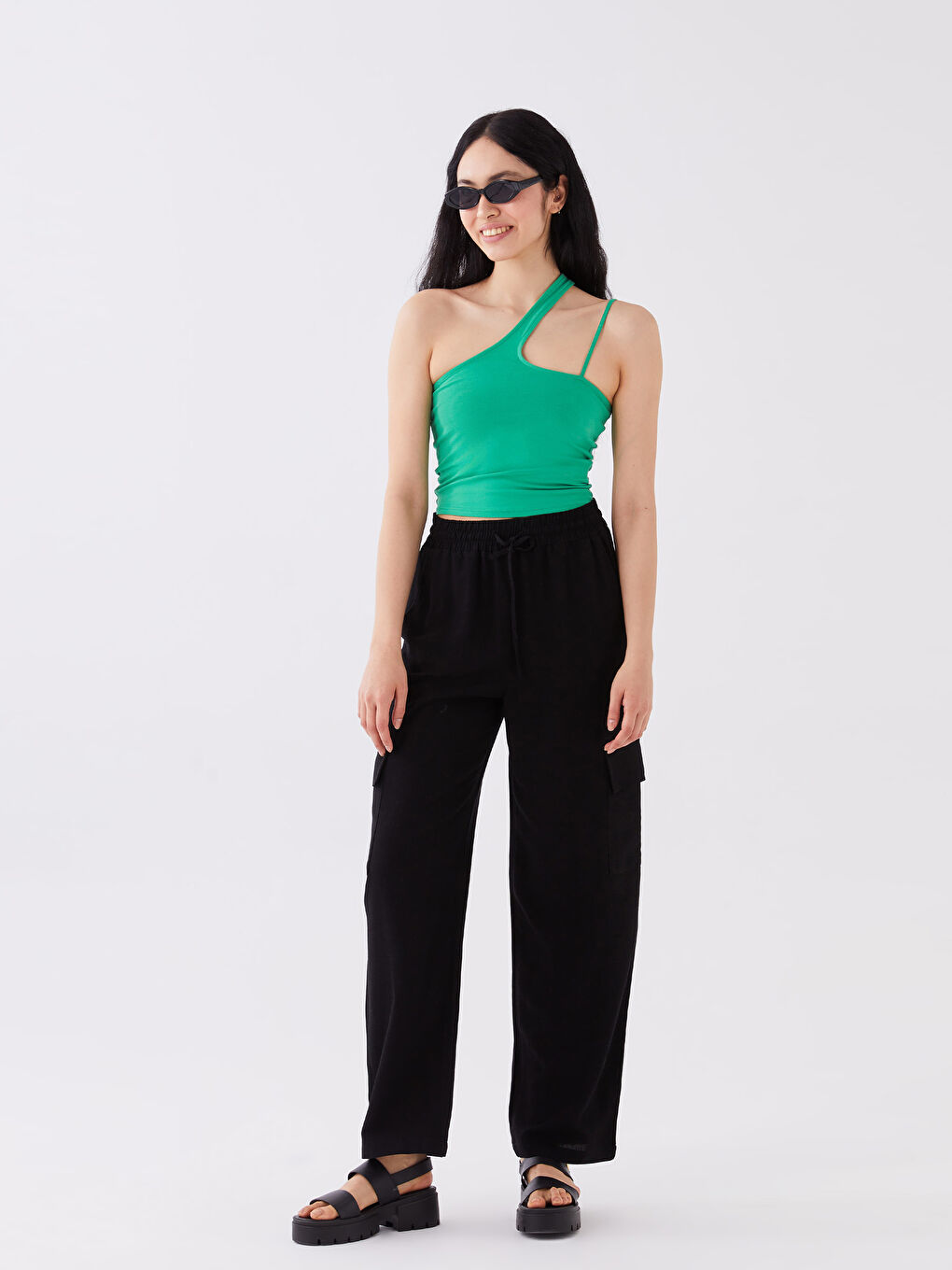 Elasticated Waist Plain Linen Blend Women's Trousers-1