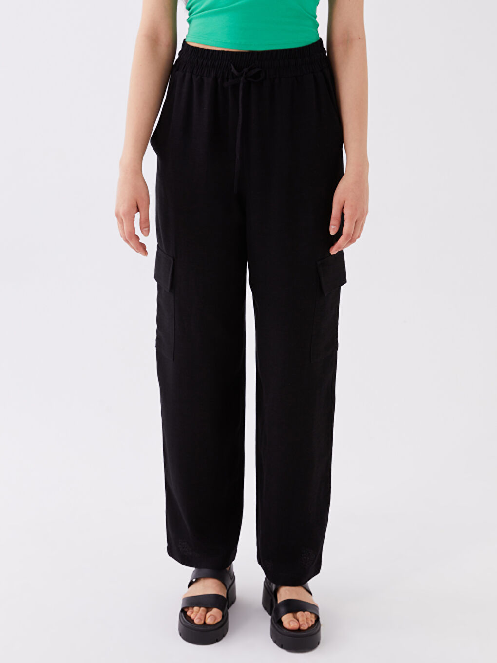 Elasticated Waist Plain Linen Blend Women's Trousers-3