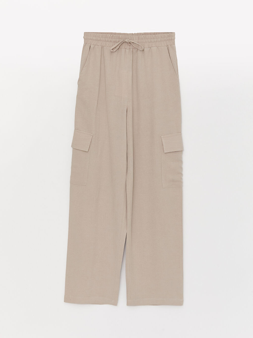 Bej Beli Lastikli Düz Keten Karışımlı Kadın Pantolon-5