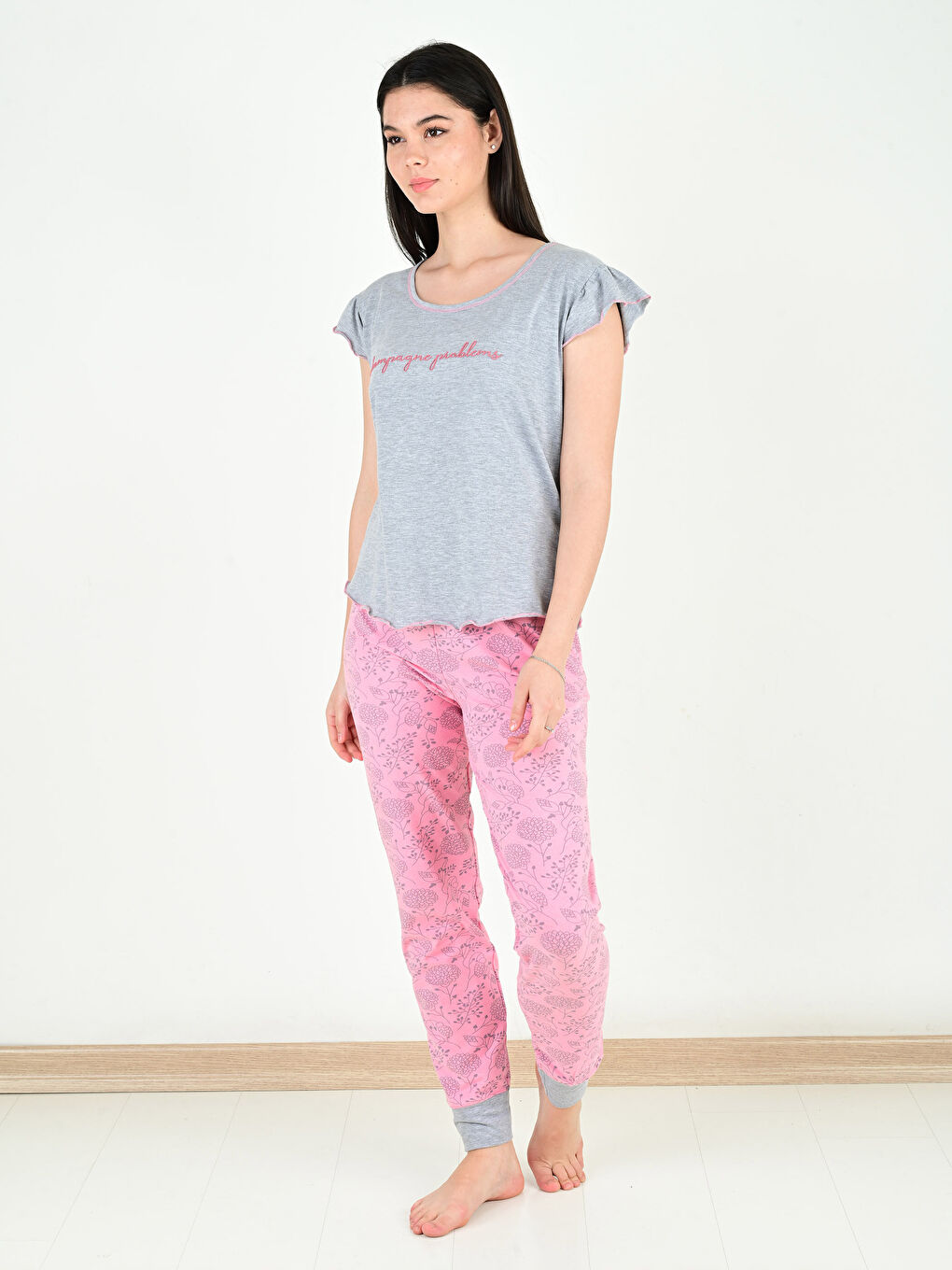 Pembe Bisiklet Yaka Baskılı Kadın Pijama Takımı-2