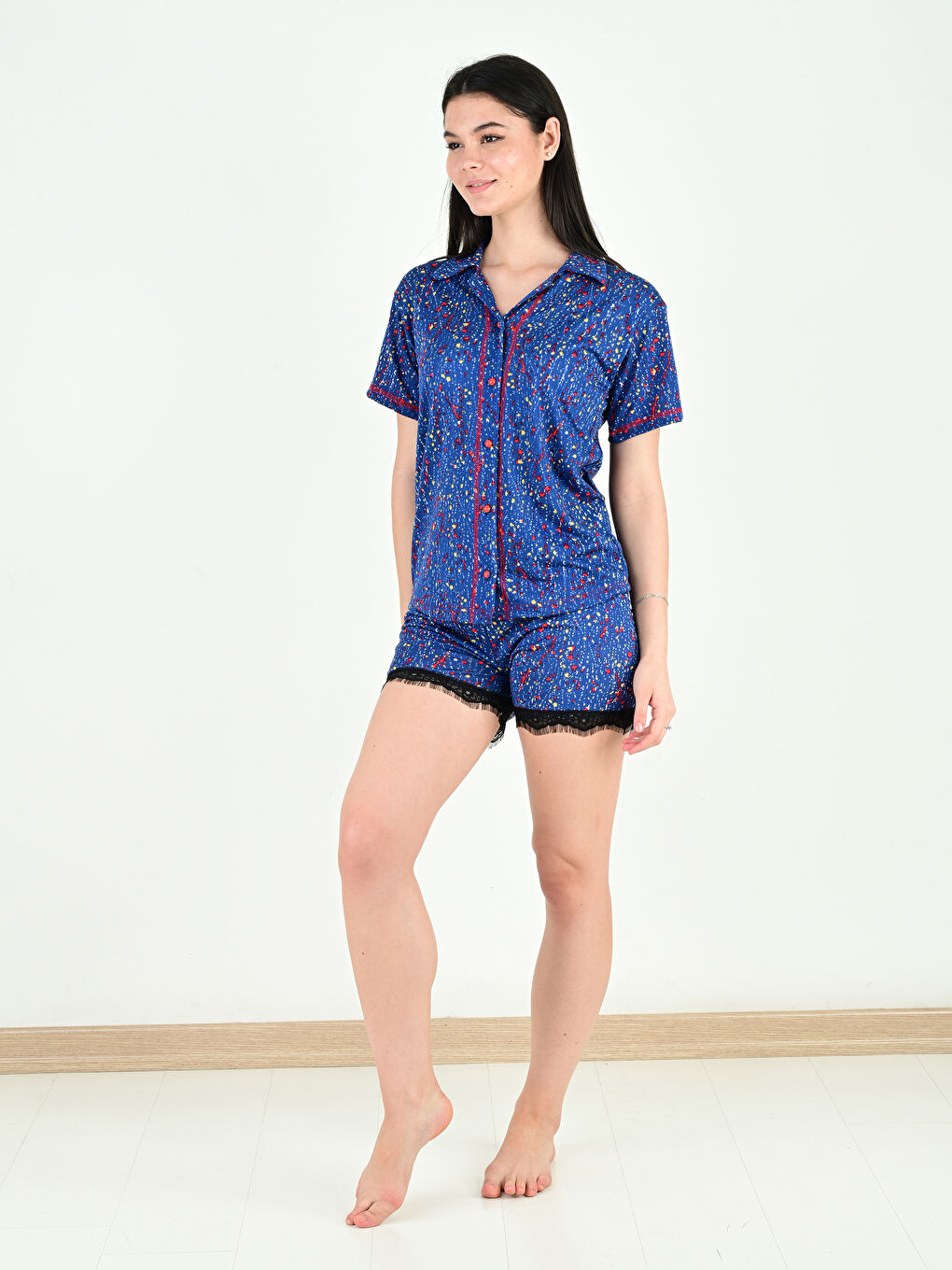 Lacivert Gömlek Yaka Desenli Kısa Kollu Şortlu Kadın Pijama Takımı-1
