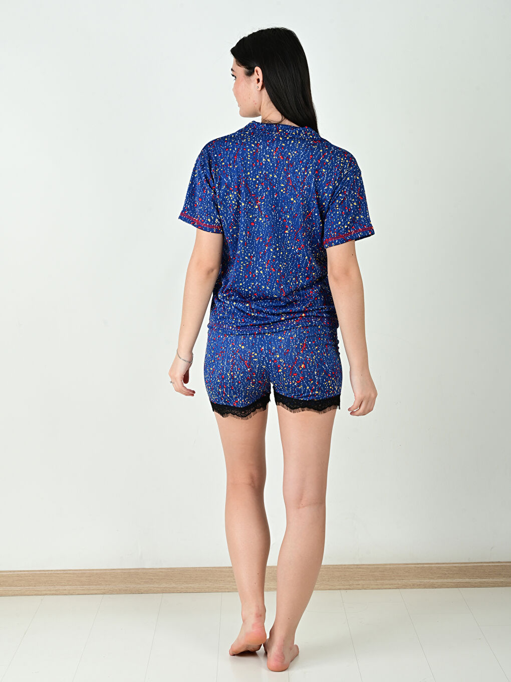 Lacivert Gömlek Yaka Desenli Kısa Kollu Şortlu Kadın Pijama Takımı-2