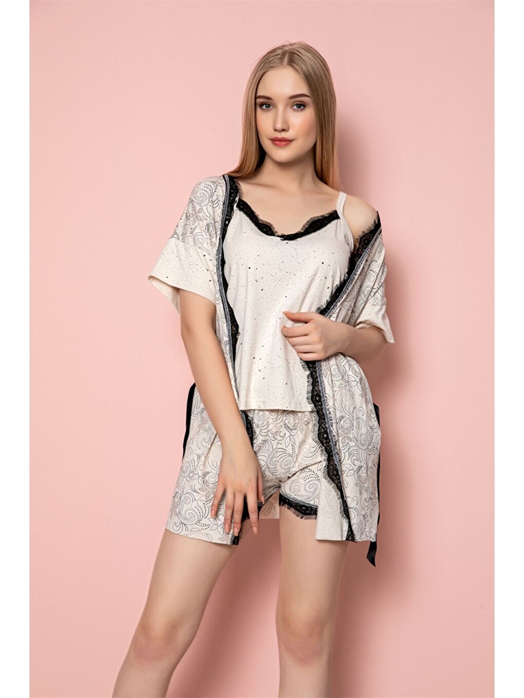 Ekru V Yaka Askılı Kadın Pijama Takımı