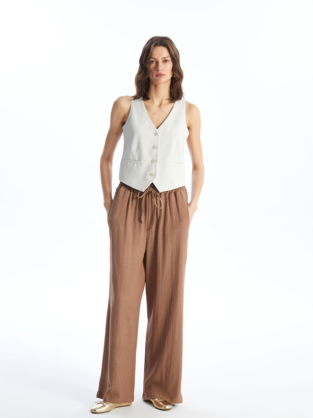 Bej Bürümcük Rahat Kalıp Kadın Pantolon-1