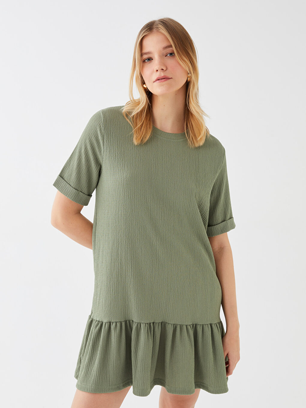 Yeşil Bürümcük Bisiklet Yaka Kadın Elbise