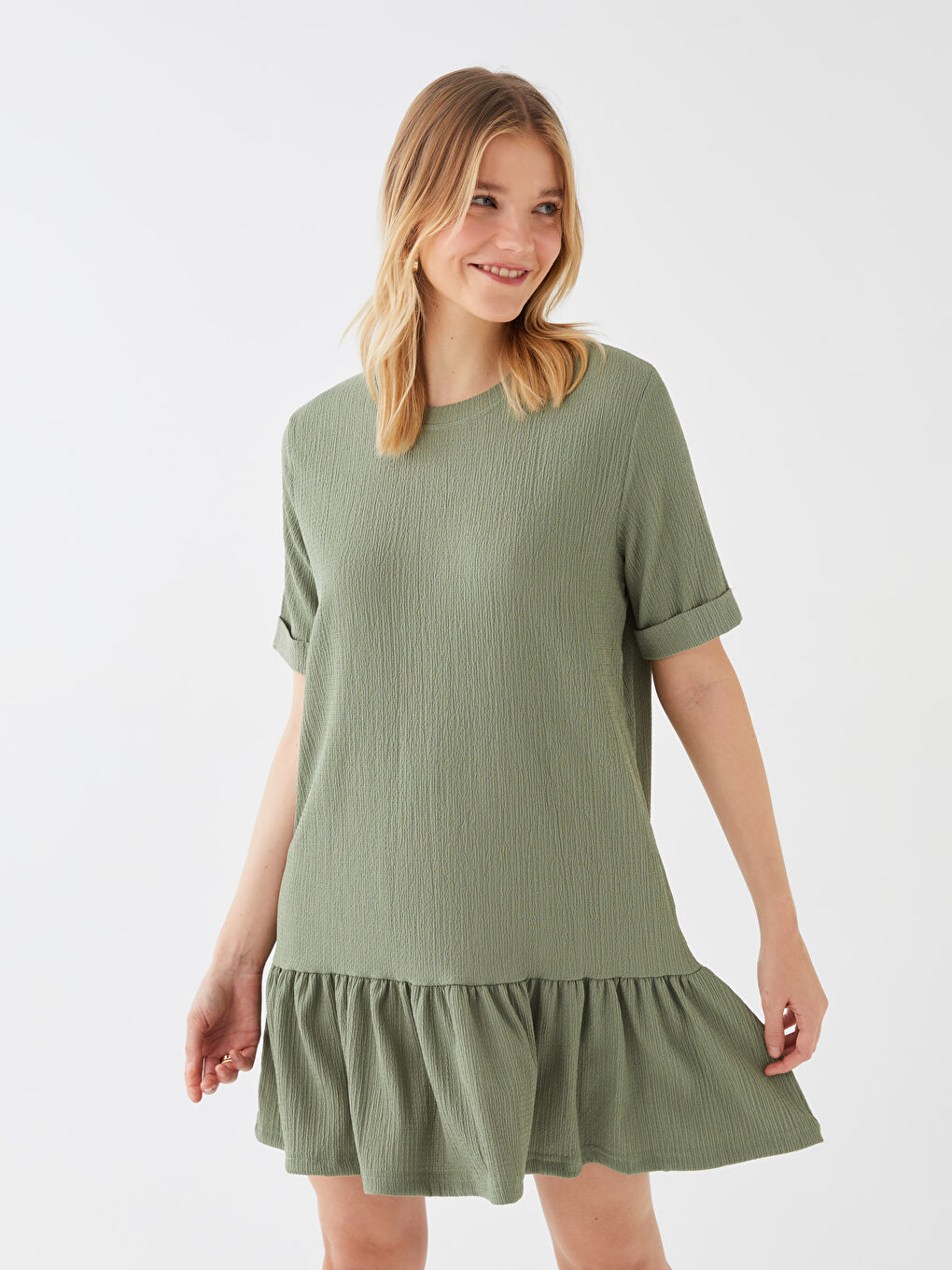 Yeşil Bürümcük Bisiklet Yaka Kadın Elbise-1