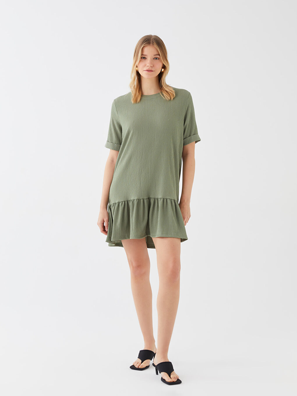 Yeşil Bürümcük Bisiklet Yaka Kadın Elbise-2