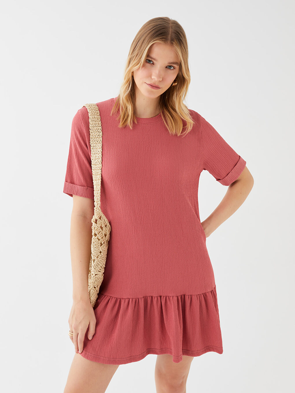 Pembe Bürümcük Bisiklet Yaka Kadın Elbise