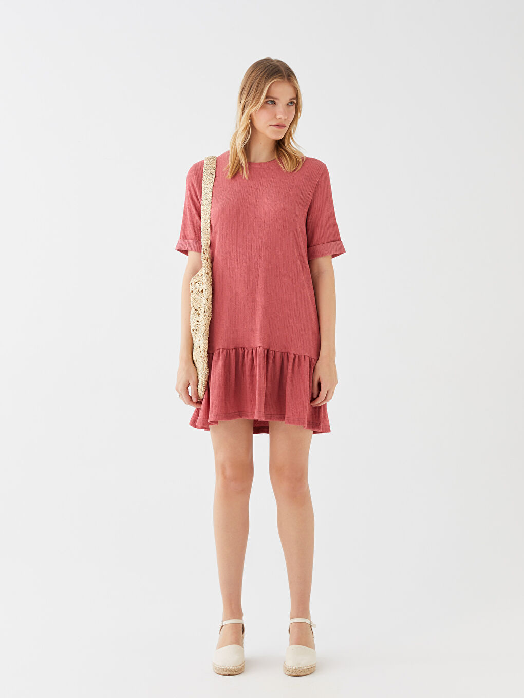 Pembe Bürümcük Bisiklet Yaka Kadın Elbise-2