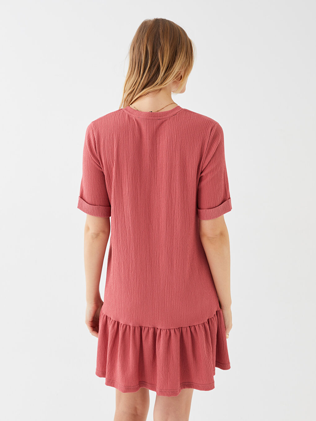 Pembe Bürümcük Bisiklet Yaka Kadın Elbise-4