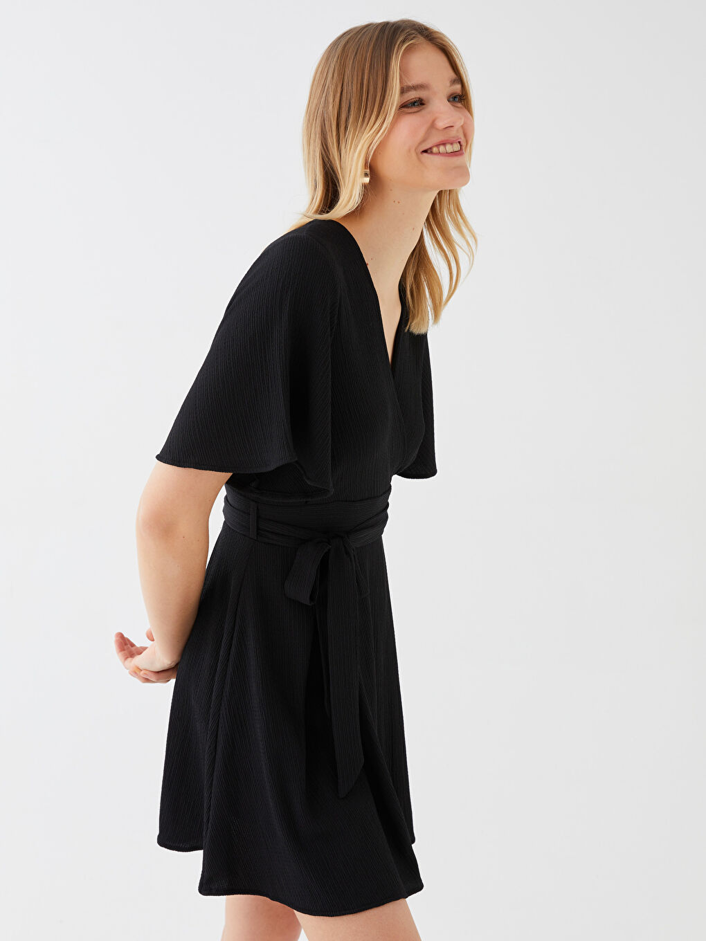 Siyah Bürümcük Kısa Kollu Kadın Elbise-1