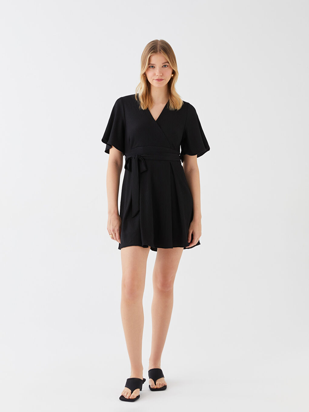 Siyah Bürümcük Kısa Kollu Kadın Elbise-2