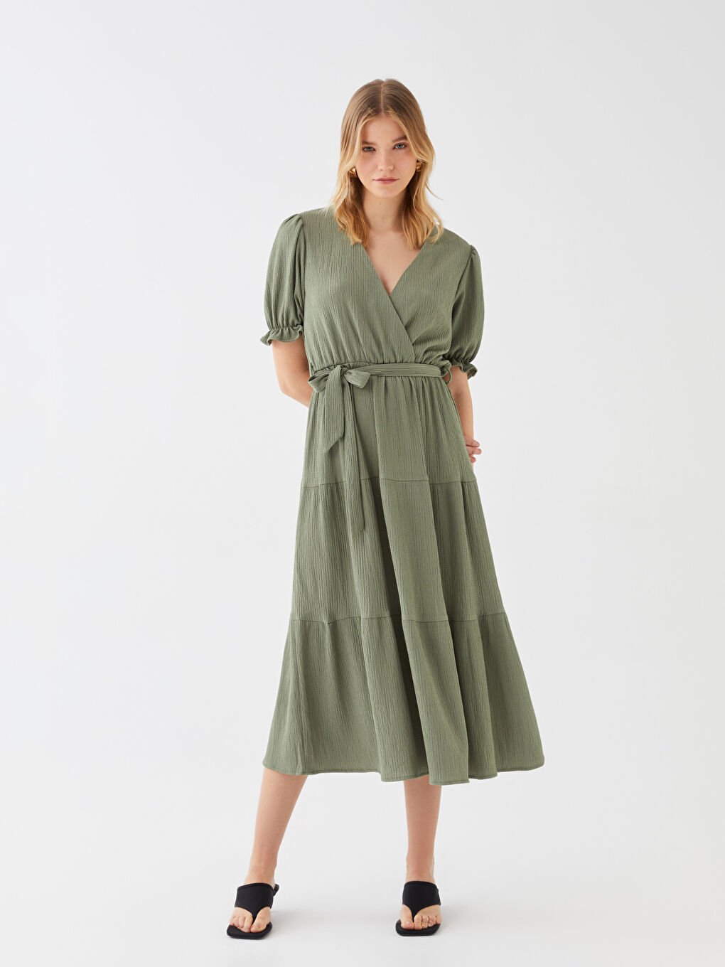 Yeşil Bürümcük Kısa Kollu Kadın Elbise