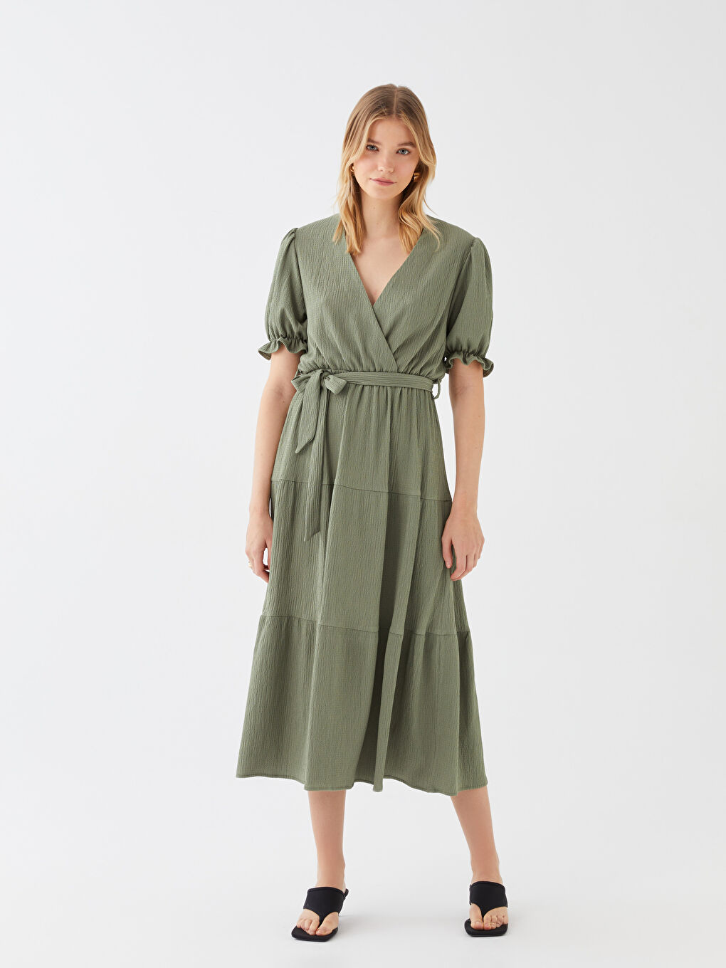 Yeşil Bürümcük Kısa Kollu Kadın Elbise-1