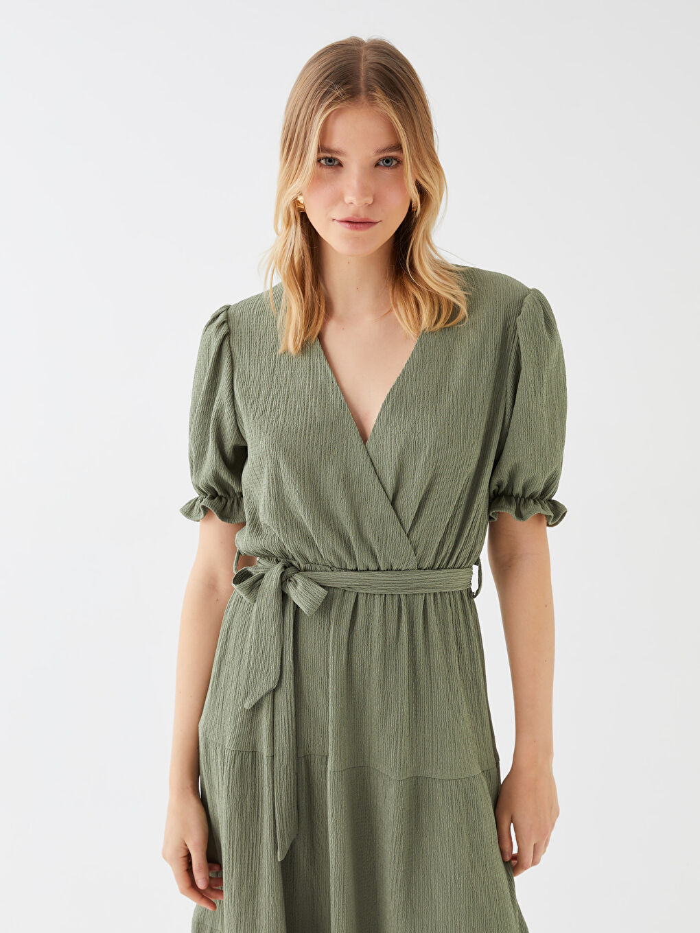 Yeşil Bürümcük Kısa Kollu Kadın Elbise-2