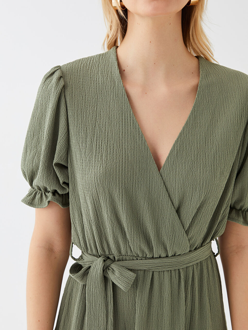 Yeşil Bürümcük Kısa Kollu Kadın Elbise-3