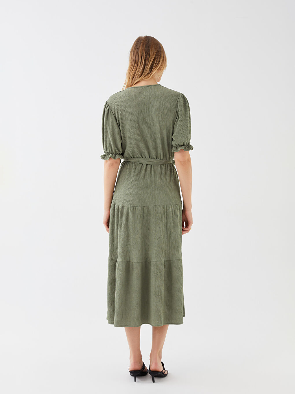 Yeşil Bürümcük Kısa Kollu Kadın Elbise-4