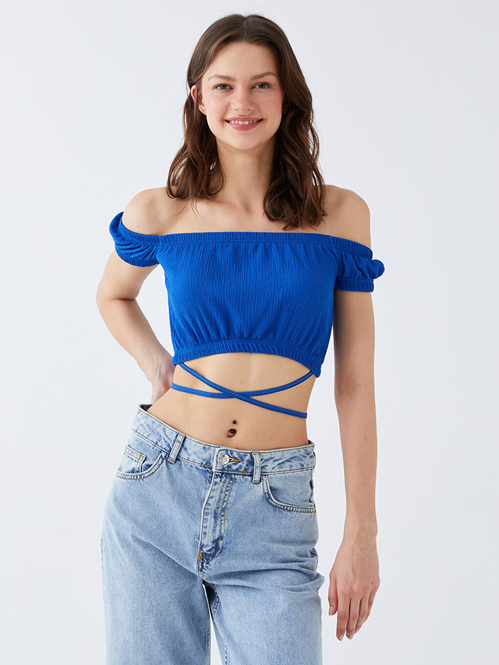 Mavi Bürümcük Kayık Yaka Kısa Kollu Kadın Bluz-1