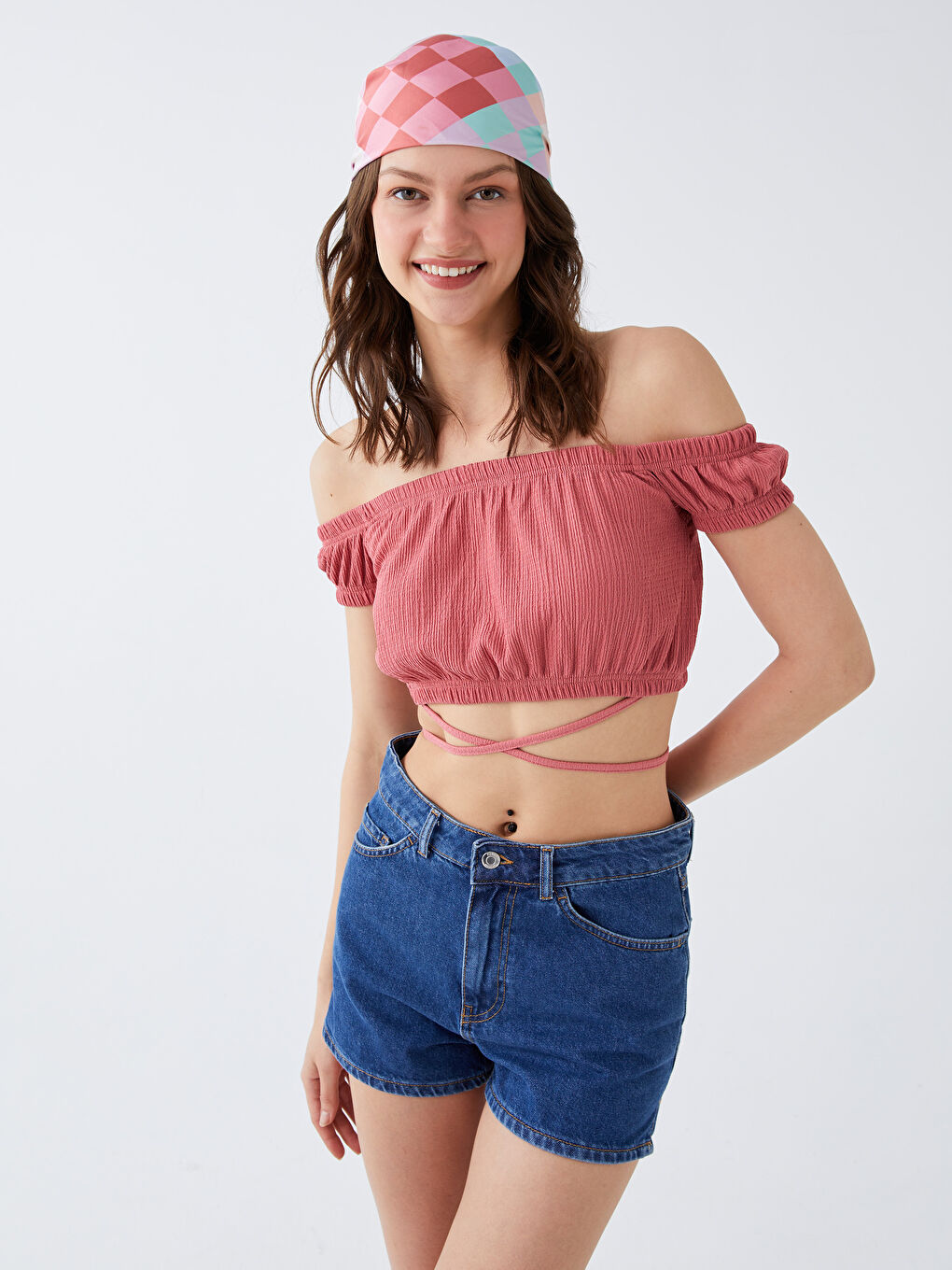 Pembe Bürümcük Kayık Yaka Kısa Kollu Kadın Bluz