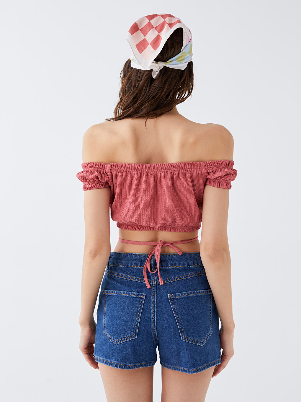 Pembe Bürümcük Kayık Yaka Kısa Kollu Kadın Bluz-4