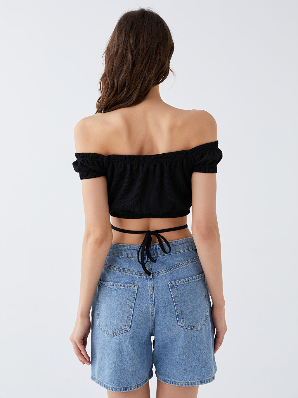 Siyah Bürümcük Kayık Yaka Kısa Kollu Kadın Bluz-4