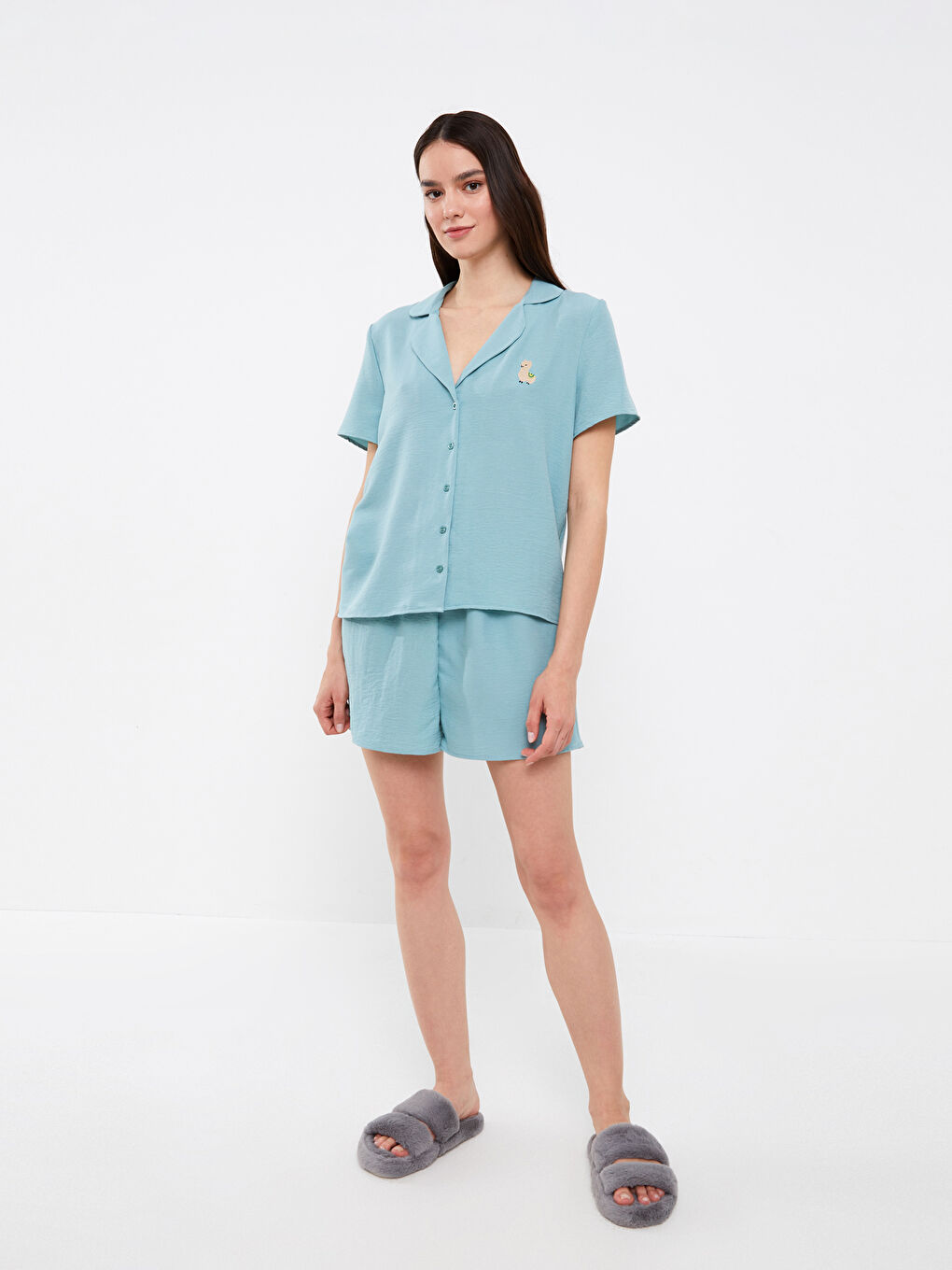 Yeşil Gömlek Yaka Kadın Pijama Takımı