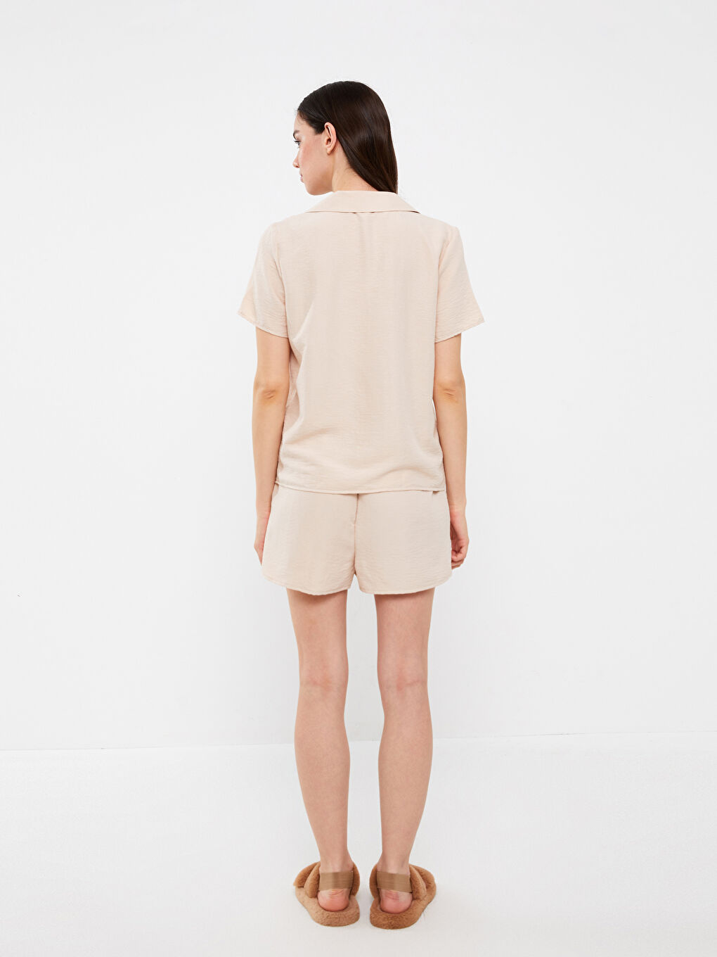 Bej Gömlek Yaka Kadın Pijama Takımı-4