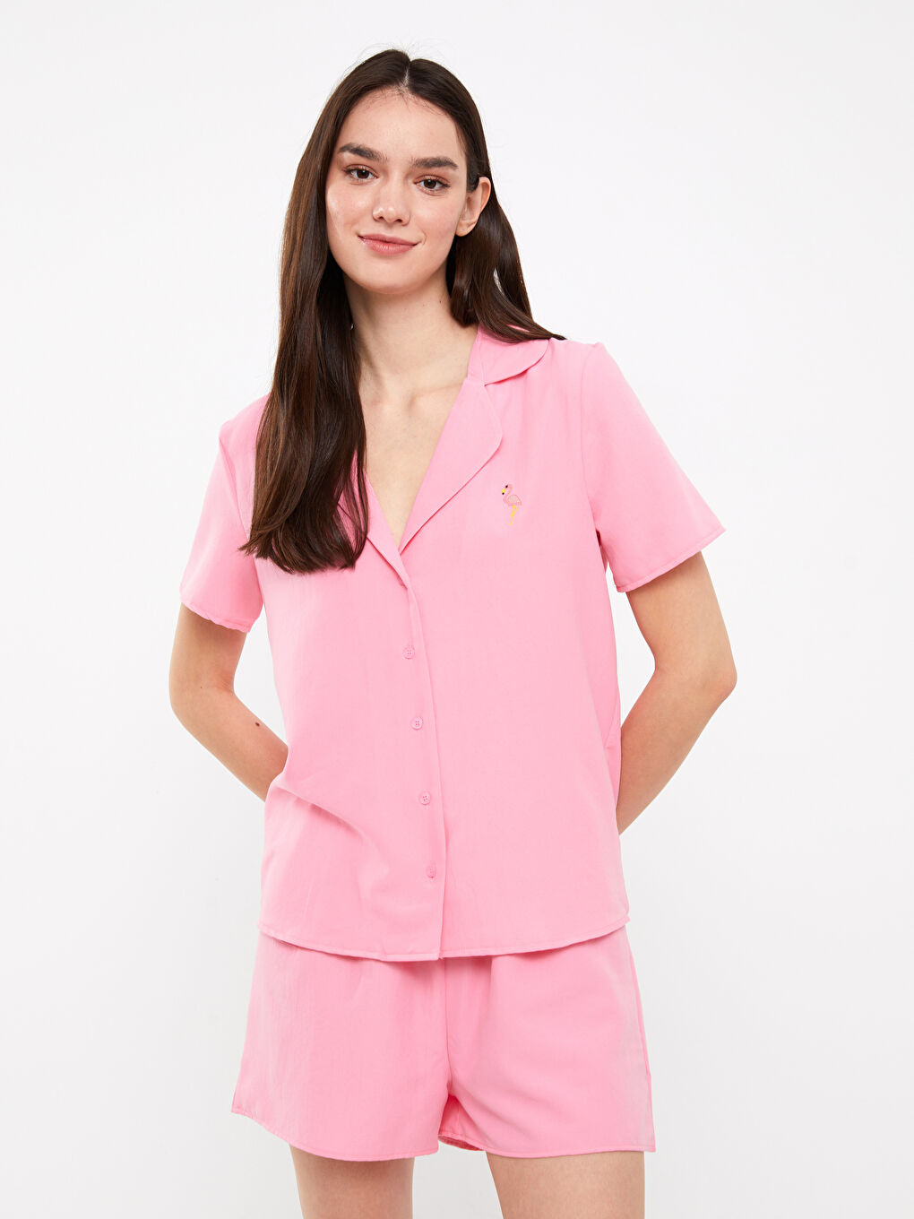 Pembe Gömlek Yaka Kadın Pijama Takımı-1